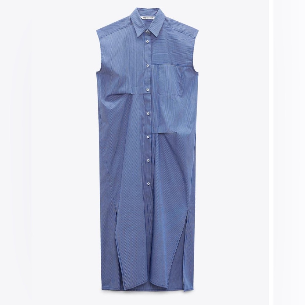 Zara Striped Poplin Sleeveless Blue Shirt Dress